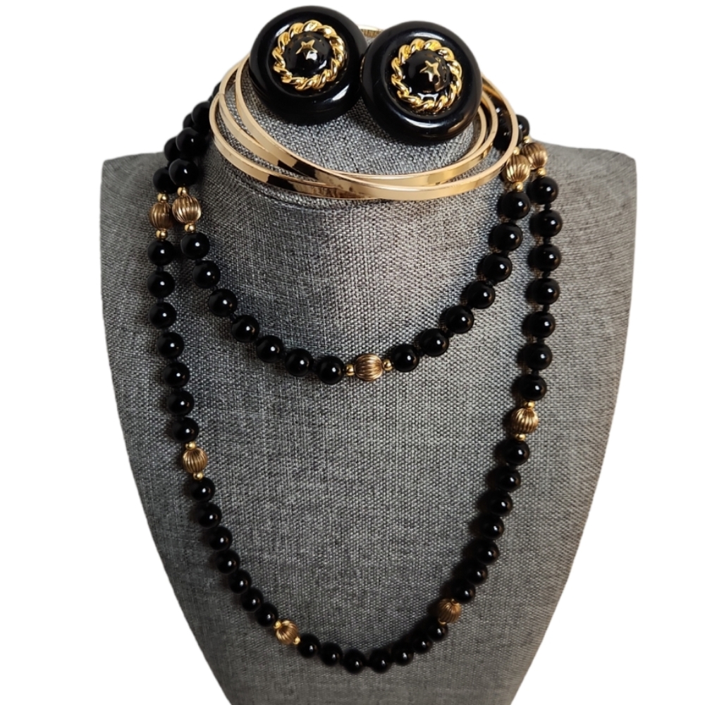 BUNDLE BLACK & GOLD NECKLACE EARRING BANGLE BRACELETTE SET